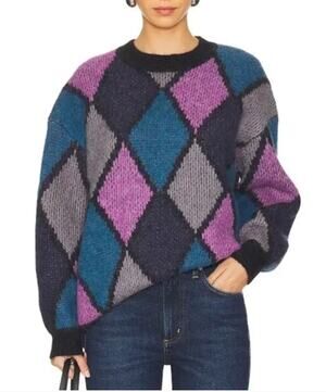 ANINE BING Sydney Crew Sweater Diamond Small Argyle Alpaca Wool Purple Blue